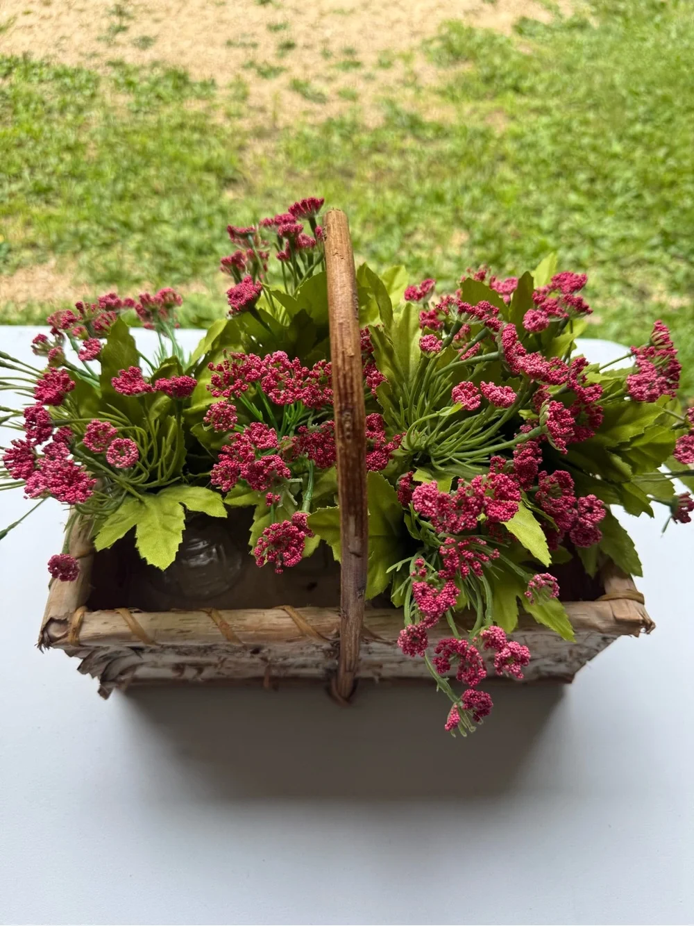 Birch basket mason jars filled with artificial flowers table decor